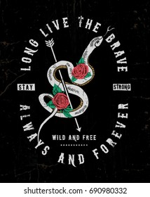 Snake and roses illustration with wild and free slogan. For t-shirt and other uses.