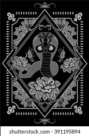 Snake and roses illustration.Vector tattoo design.