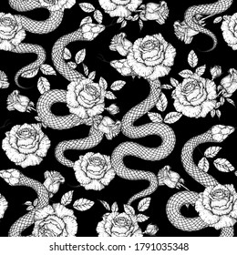 Snake and roses seamless pattern. Sketch style. Vector illustration. Hand drawn illustration for t-shirt print, fabric and other uses.