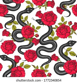 Snake and roses seamless pattern. Vector illustration. Hand drawn illustration for t-shirt print, fabric and other uses.