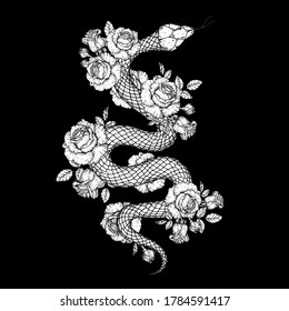 Snake and roses sketch illustration. Vector illustration. Hand drawn illustration for t-shirt print, fabric and other uses.