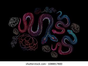 snake and  roses. Traditional stylish floral embroidery stitch on a black background. Sketch for printing on fabric, clothing, bag, accessories and design. Vector, trend