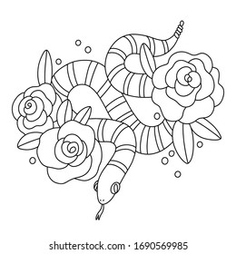 Snake with roses, vector outline illustration