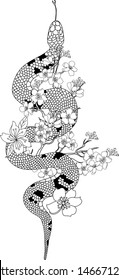 Snake with sakura flower vector for tattoo or printing on isolate background.