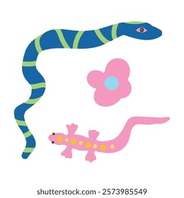 snake, salamander, character, african, traditional, funny, doodle, cute, cartoon, flower, pink, blue, green, animal, jungle, wildlife, nature, reptile, amphibian, tropical, colorful, flora, fauna, dec