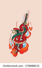 Snake and samurai katana sword hand drawn in Japanese style. Design for printing on t-shirts, stickers and more. Vector.