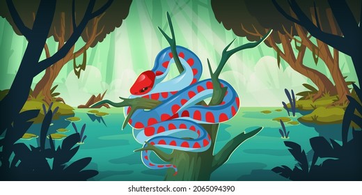 Snake San Francisco garter or Thamnophis sirtalis tetrataenia in forest swamp. Serpent with red head, spots and blue body relaxing on old snag in wood, wild reptile life, Cartoon vector illustration