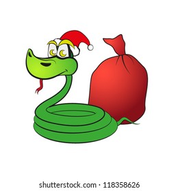 Snake in Santa Claus hat with gift. EPS10 vector.