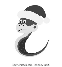 Snake in Santa had Cute character Symbol 2025 in grayscale. Christmas Christmas design element idea