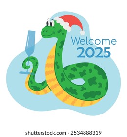 Snake in Santa hat holds champagne glass with its tail. Happy New Year. Vector cartoon illustration for printing postcards, posters, calendars, banners. Inscription Welcome 2025