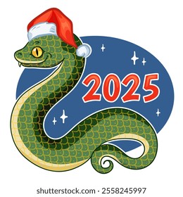Snake with a Santa hat on the blue background, symbol of the 2025 lunar year, eps10