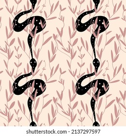 Snake seamless pattern. Boho reptile with leaves, esoteric and celestial print. Hand drawn doodle magician textile. Wallpaper and fabric, mystic elements on pink background, vector backdrop