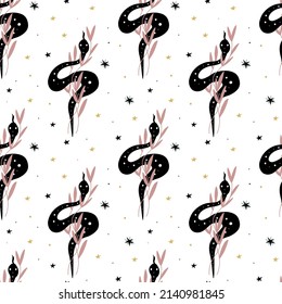 Snake seamless pattern. Boho reptile with leaves, esoteric and celestial print. Hand drawn doodle magician textile. Wallpaper and fabric, mystic elements on white background, vector backdrop