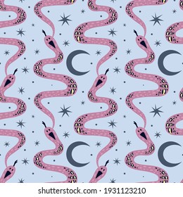 Snake seamless pattern. Doodle hand drawn snakes on dark background with moon sun and stars, contemporary cartoon magic reptiles. Decor textile, wrapping paper wallpaper vector print or fabric