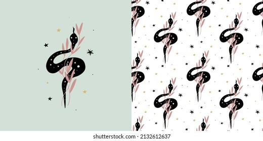 Snake seamless pattern and illustration. Boho reptile with leaves, esoteric and celestial print. Hand drawn doodle magician textile. Wallpaper and fabric, elements on white background, vector backdrop