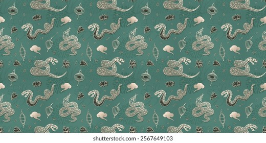 Snake seamless pattern, symbol of the Chinese New Year 2025. Outline geometric snakes, lanterns and magnolia on green background. Vector illustration for background, greeting card, banner, wrapping