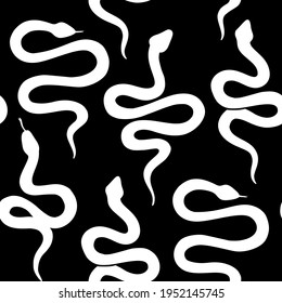 Snake seamless pattern. Vector serpent background silhouettes. Black and white wild animal print. Isolated hand drawn snakes repeat pattern. Fashion magic print with cobra, python.