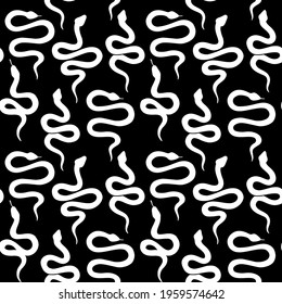 Snake seamless pattern. Vector wild serpent background silhouettes. Black and white wildlife, animal print. Isolated hand drawn snakes repeat pattern. Fashion magic print with cobra, python.