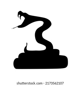 Snake, serpent, adder curled up with gaping jaws, reptile and predator, wild animal, wildlife, vector, illustration in black color, isolated on white background