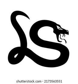 Snake, serpent, adder curled up with gaping jaws, reptile and predator, wild animal, wildlife, vector, illustration in black color, isolated on white background