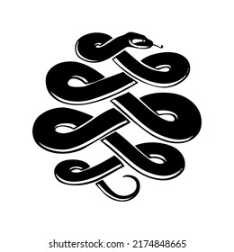 Snake, serpent, adder curled up, reptile and predator, wild animal, wildlife, decorative, decoration, ornament, vector, illustration in black and white color, isolated on white background