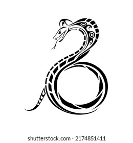 Snake, serpent, adder curled up, reptile and predator, wild animal, wildlife, decorative, decoration, ornament, graphic, vector, illustration in black and white color, isolated on white background