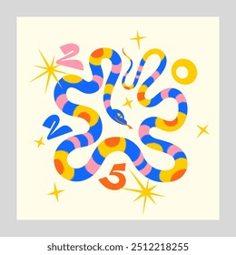 Snake, serpent symbol of the year 2025 illustration with numbers and stars. Trendy modern cartoon style, liquid fluid lines, square shape. Chinese zodiac sign. Bright colorful greeting card template.