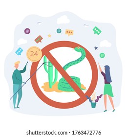 Snake service. The concept of the program for catching snakes. A huge snake crawled into the house. A specialist traps a snake. Colorful vector illustration.