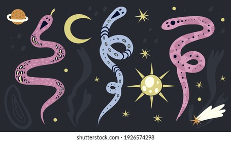 Snake set. Doodle hand drawn pink and blue snakes on dark background with moon sun and stars, contemporary cartoon design collection, magic reptiles, decorative vector magic print or poster