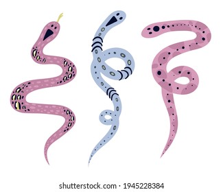 Snake set. Doodle hand drawn pink and blue snakes on white background, contemporary cartoon design collection, magic reptiles, decorative vector magic print or poster
