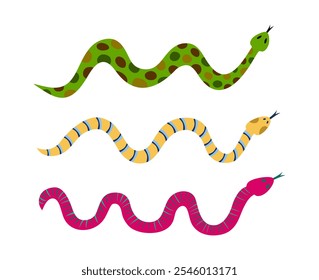Snake set. Hand drawn colored snakes collection. Chinese new year symbol. Year of the snake illustration for greeting card, sticker, background. Hand drawn trendy Vector illustration