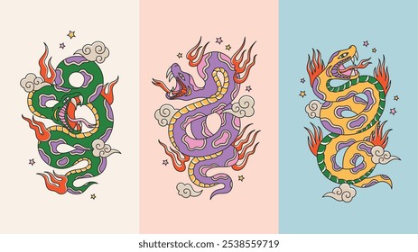 Snake set in traditional oriental tattoo style. Happy new year poster templates with snakes, fire, clouds and stars. Colorful pythons of lunar year symbol