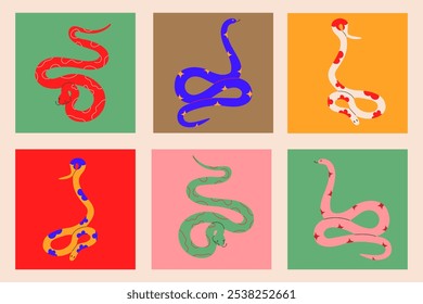 Snake set.Hand drawn colored snakes collection.Chinese new year symbol.Year of the snake illustration for greeting card, sticker, background. Hand drawn trendy Vector illustration EPS10