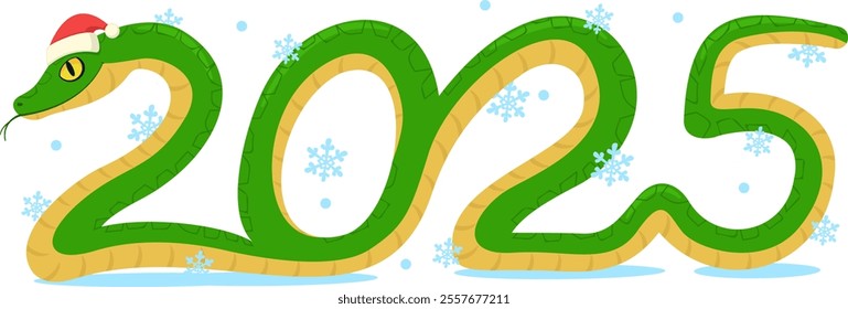 Snake in the shape of 2025 in a Santa Claus hat, symbol of the new year on a white background.