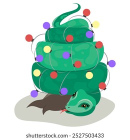  A snake in the shape of a Christmas tree. Cute cartoon character with garland. New Year's card.