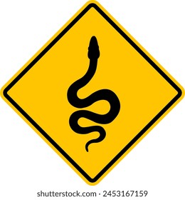 Snake sign. Snake warning sign. Snake danger. Rhomb road sign. Yellow diamond road sign with a poisonous snake icon inside.