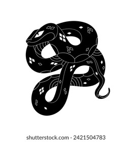 Silhouette de serpiente. Serpiente negra con piel estampada. Viper monocromo con impresión geométrica a escala. Pithon silvestre, arte de línea animal de sangre fría. Ilustración vectorial aislada plana sobre fondo blanco