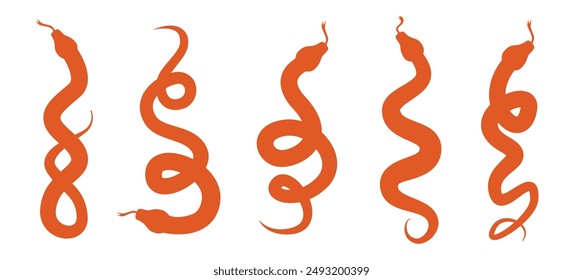 Snake silhouette. Chinese Zodiac of 2024. Beautiful set of red snakes. Modern animal drawing. Illustration of python, anaconda and other large snakes.