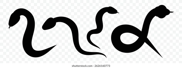 Snake silhouette collection. Black silhouette snake. Isolated symbol. Vector illustration
