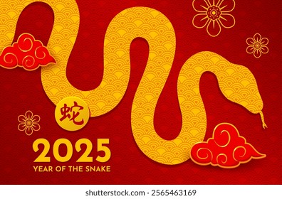 Snake silhouette and Happy Chinese New Year template for Asian holiday, vector banner. 2025 Lunar New Year greeting in hieroglyphs with horoscope snake in Chinese ornaments with red and golden clouds