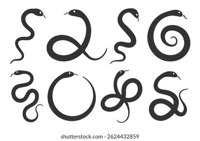 Snake silhouette icon symbol set. Collection of black snake shapes in various positions. Vector illustration images. Isolated on white background.