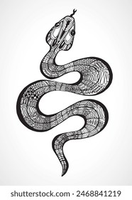 Snake silhouette illustration. Black and white decorative drawing of a snake. Vector tattoo design. Symbol 2025