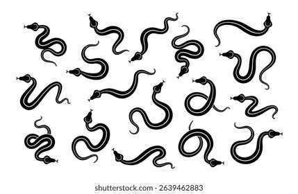 Snake silhouette. Isolated snake black silhouette set on white background. Wild Dangerous Animals. Symbol of 2025. Ink Vector illustration for design. 