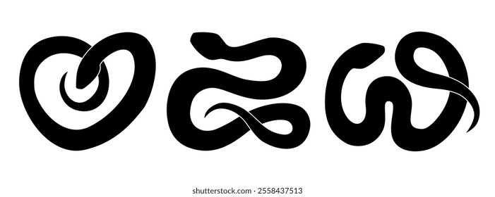 Snake silhouette isolated on white background. Set of black snakes. 2025 Chinese New Year symbol. Vector illustration
