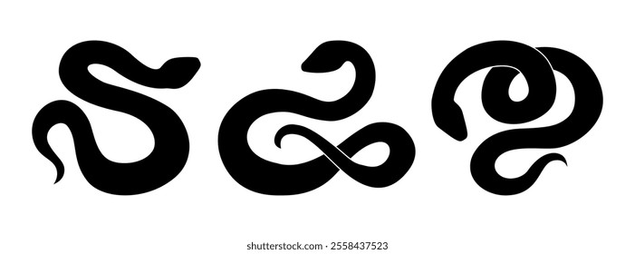 Snake silhouette isolated on white background. Set of black snakes. Chinese 2025 New Year symbol. Vector illustration