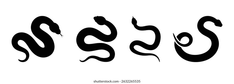 Snake silhouette isolated on white background. Set of black snakes. Stylized black silhouette set of a snake poised to strike in minimalism.