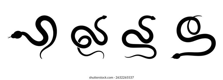 Snake silhouette isolated on white background. Set of black snakes. Stylized black silhouette set of a snake poised to strike in minimalism.
