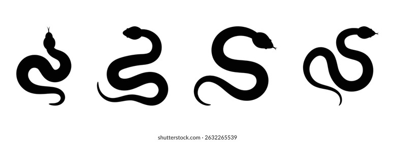 Snake silhouette isolated on white background. Set of black snakes. Stylized black silhouette set of a snake poised to strike in minimalism.