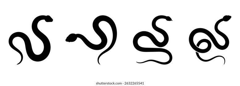 Snake silhouette isolated on white background. Set of black snakes. Stylized black silhouette set of a snake poised to strike in minimalism.