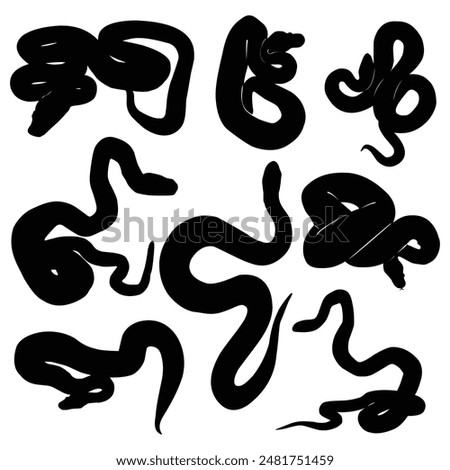 Snake silhouette, Isolated snake silhouette on white background, snake silhouette high quality vector, venomous snake collection, Russell's viper, python.